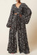 Black Fashion Casual Print Bandage V Neck Long Sleeve Two Pieces