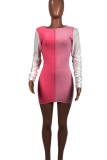 Pink Fashion Casual Patchwork Basic O Neck Long Sleeve Dresses (Without Waist Chain)