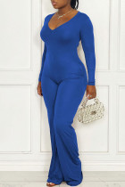 Blue Casual Solid Patchwork V Neck Straight Jumpsuits(Without Belt)