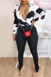 White Fashion Casual Print Slit V Neck Long Sleeve Two Pieces