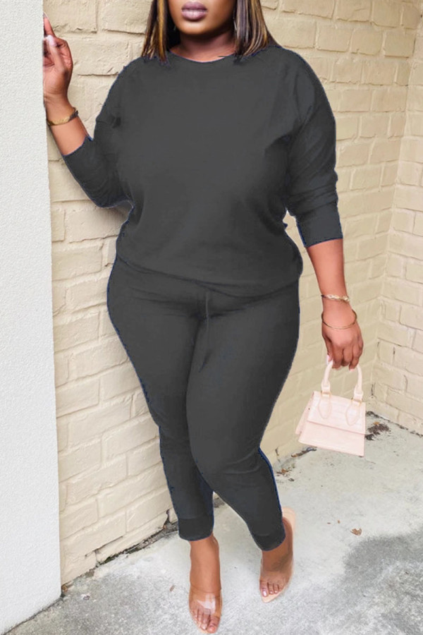 Black Casual Solid Patchwork O Neck Long Sleeve Two Pieces