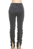 Grey Fashion Casual Solid Slit Fold High Waist Regular Denim Jeans