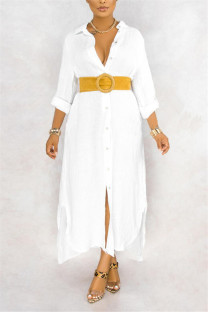 White Casual Fashion Long Sleeve Loose Long Shirt Dress (Without Belt)