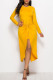Yellow Casual Solid Patchwork Fold Asymmetrical O Neck Straight Dresses