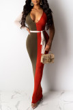 Orange Fashion Casual Patchwork With Belt V Neck Long Sleeve Dresses