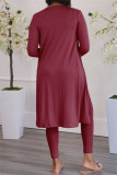 Burgundy Fashion Casual Solid Cardigan Vests Pants U Neck Long Sleeve Two Pieces