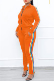 Blue Fashion Casual Striped Patchwork Zipper Collar Long Sleeve Two Pieces
