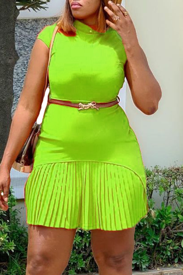 Fluorescent Green Sexy Gradual Change Patchwork Half A Turtleneck Pleated Dresses (With Belt)