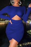 Purple Sexy Solid Hollowed Out Split Joint Fold O Neck One Step Skirt Dresses