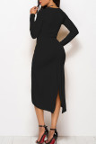 Blue Casual Solid Patchwork Fold Asymmetrical O Neck Straight Dresses