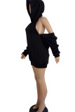 Black Sexy Solid Hollowed Out Patchwork Asymmetrical Zipper Hooded Collar Long Sleeve Dresses
