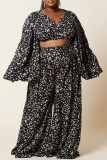Black Brown Fashion Casual Print Bandage V Neck Long Sleeve Two Pieces