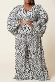 Black Brown Fashion Casual Print Bandage V Neck Long Sleeve Two Pieces