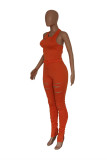 Orange Fashion Casual Solid Ripped O Neck Regular Jumpsuits