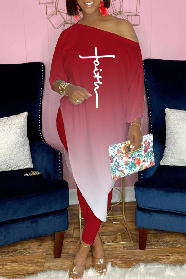 Red Fashion Casual Gradual Change Asymmetrical Oblique Collar Long Sleeve Two Pieces