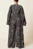 Black Brown Fashion Casual Print Bandage V Neck Long Sleeve Two Pieces