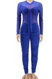 Blue Sexy Solid Bandage Split Joint See-through Fold O Neck Skinny Jumpsuits