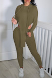 Army Green Fashion Casual Solid Asymmetrical Hooded Collar Long Sleeve Two Pieces