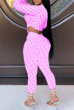 Pink Sexy Print Patchwork Asymmetrical Zipper Hooded Collar Long Sleeve Two Pieces