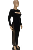 Pink Sexy Solid Hollowed Out Patchwork See-through O Neck One Step Skirt Dresses