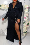 Black Fashion Sexy Solid Slit V Neck Long Sleeve Dresses