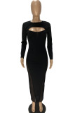 Pink Sexy Solid Hollowed Out Patchwork See-through O Neck One Step Skirt Dresses