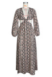 Camel Fashion Sexy Print Hollowed Out V Neck Long Sleeve Dresses