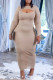 Khaki Sexy Solid Hollowed Out Patchwork See-through O Neck One Step Skirt Dresses