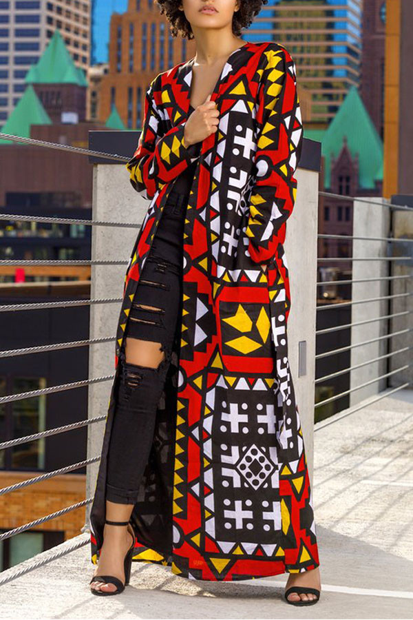 Red V Neck Print Print Long Sleeve Outerwear