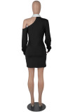 Black Fashion Casual Solid Hollowed Out Patchwork Turndown Collar Long Sleeve Dresses