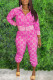 Rose Red Fashion Street Print Patchwork Turndown Collar Long Sleeve Two Pieces