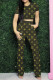 Khaki Fashion Casual Print Basic O Neck Short Sleeve Two Pieces