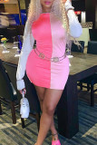 Pink Fashion Casual Patchwork Basic O Neck Long Sleeve Dresses (Without Waist Chain)