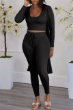 Black Fashion Casual Solid Cardigan Vests Pants U Neck Long Sleeve Two Pieces