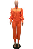 Orange Casual Solid Patchwork Mandarin Collar Long Sleeve Two Pieces