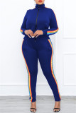 Blue Fashion Casual Striped Patchwork Zipper Collar Long Sleeve Two Pieces
