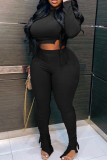 Black Sexy Solid Patchwork Draw String Fold O Neck Plus Size Two Pieces