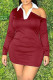 Burgundy Fashion Casual Solid Hollowed Out Patchwork Turndown Collar Long Sleeve Dresses
