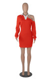 Red Fashion Casual Solid Hollowed Out Patchwork Turndown Collar Long Sleeve Dresses