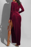 Burgundy Fashion Sexy Solid Slit Square Collar Long Sleeve Dresses