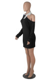 Black Fashion Casual Solid Hollowed Out Patchwork Turndown Collar Long Sleeve Dresses