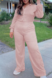 Light Pink Casual Solid Patchwork Buckle Turndown Collar Plus Size Jumpsuits