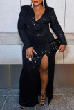 Black Fashion Sexy Solid Slit V Neck Long Sleeve Dresses