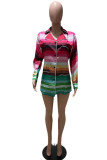 Green Fashion Casual Striped Print Cardigan Turndown Collar Tops