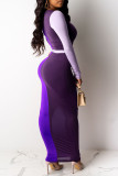 Orange Fashion Casual Patchwork With Belt V Neck Long Sleeve Dresses