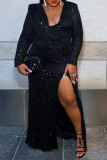Black Fashion Sexy Solid Slit V Neck Long Sleeve Dresses
