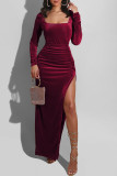 Pink Fashion Sexy Solid Slit Square Collar Long Sleeve Dresses