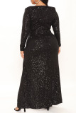 Black Fashion Sexy Solid Slit V Neck Long Sleeve Dresses