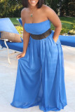 Blue Sexy Plus Size Solid Backless Without Belt Strapless Sleeveless Jumpsuit