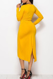 Blue Casual Solid Patchwork Fold Asymmetrical O Neck Straight Dresses